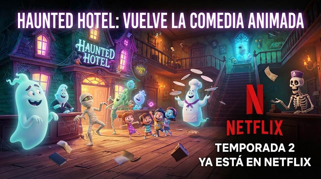 Ilustración editorial de un hotel embrujado con fantasmas para la noticia de Haunted Hotel temporada 2