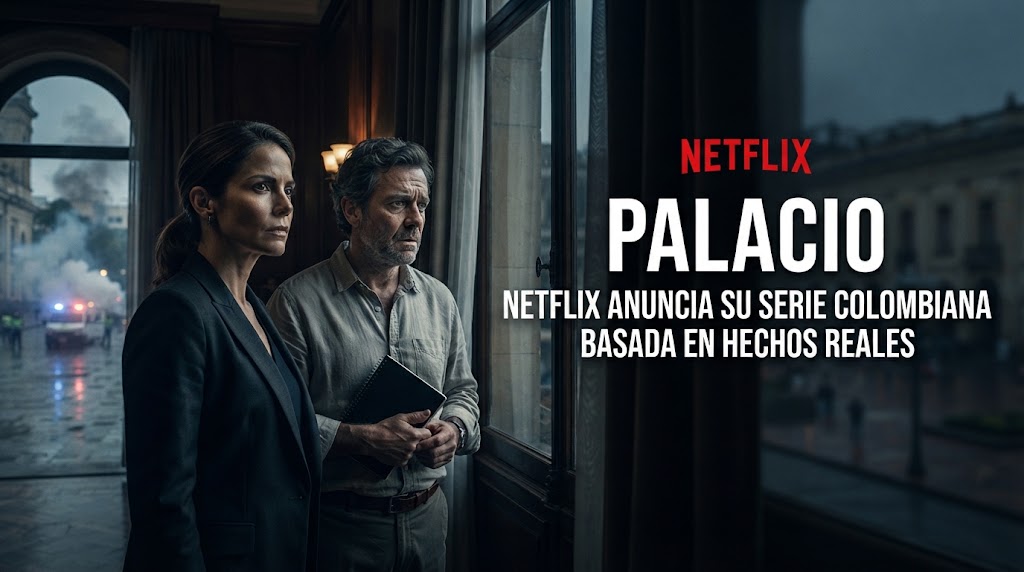 Ilustración editorial de un edificio gubernamental en Bogotá durante una crisis histórica para la noticia de la serie Palacio.